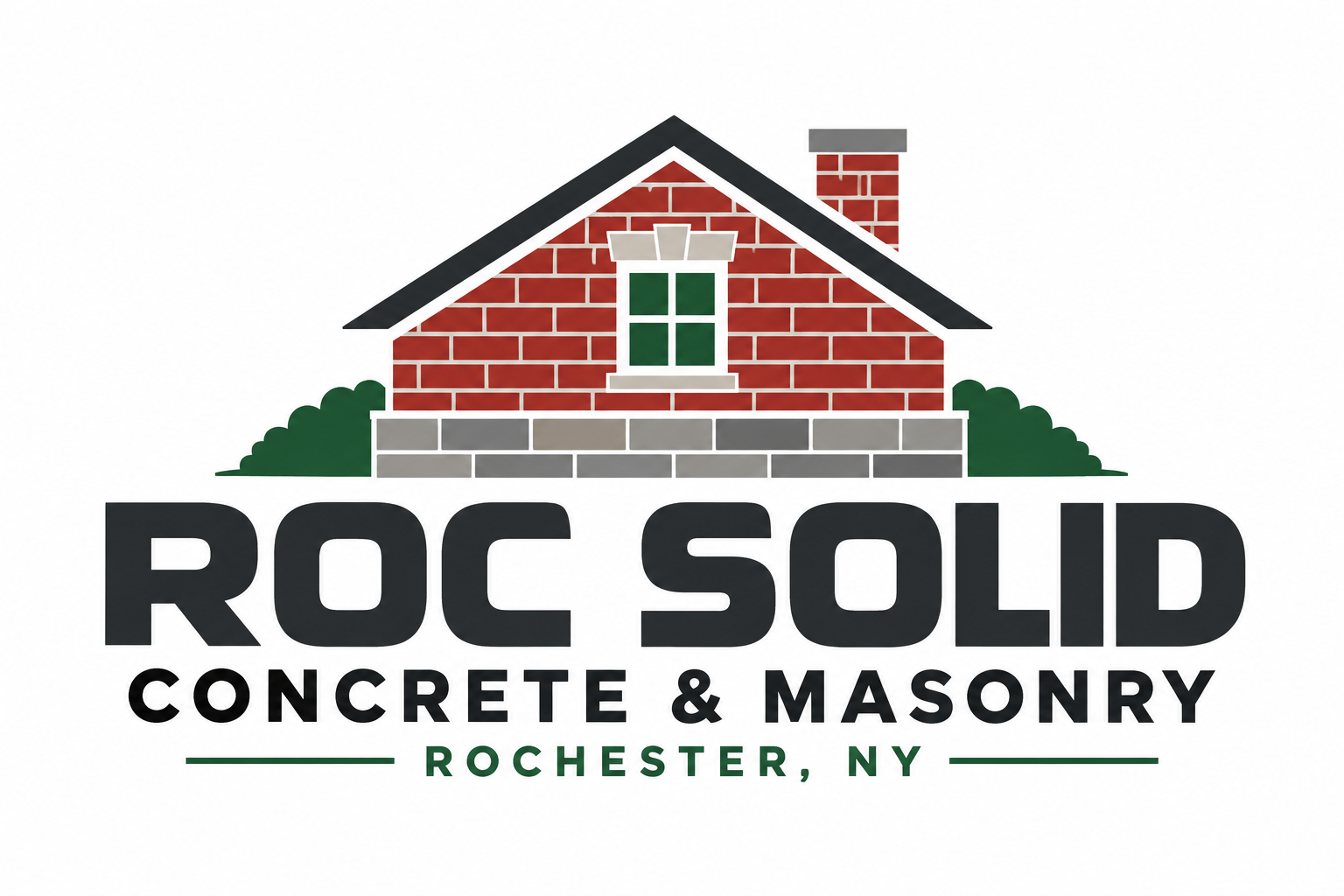 Roc Solid Concrete and Masonry logo featuring a brick home, stone foundation, green landscaping, and Rochester NY lettering