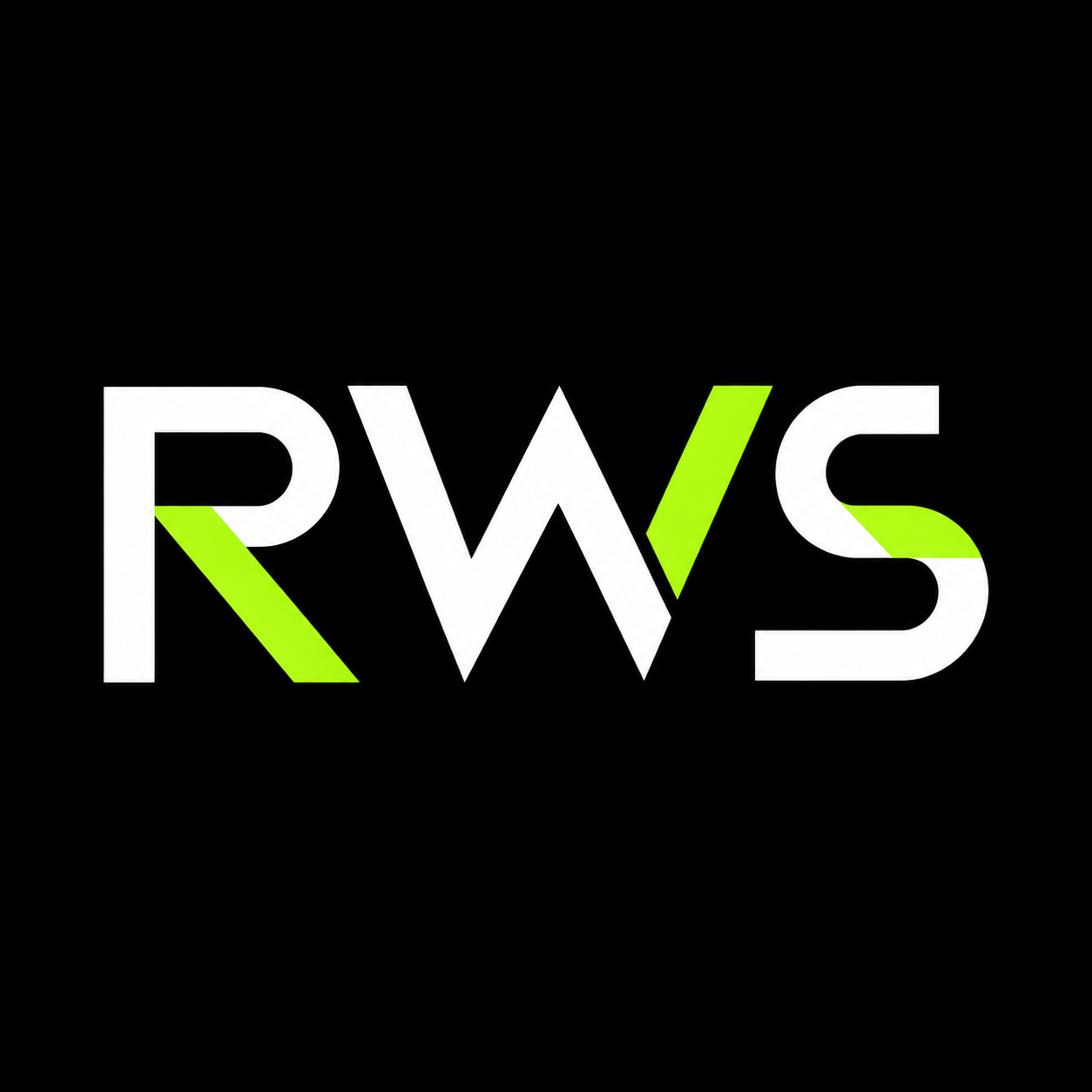 RWS monogram in white with lime accents on black