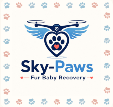 SkyPaws logo with a drone, heart-shaped paw, and blue and coral paw-print border