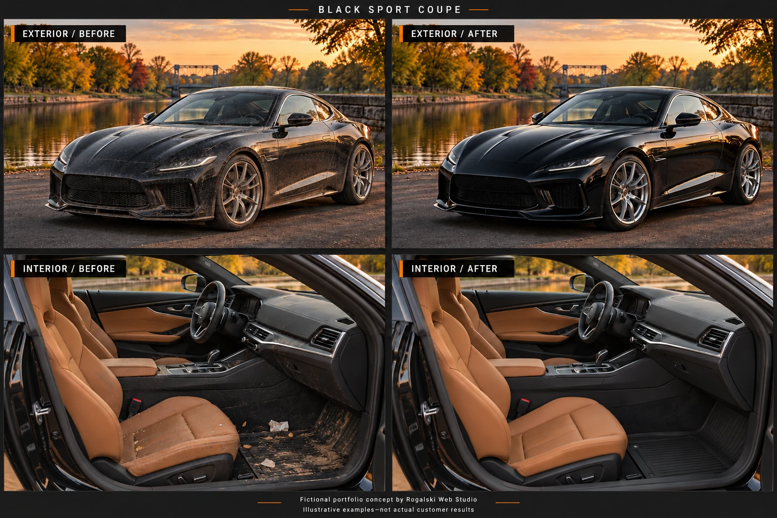 Illustrative black sport coupe: exterior wash and tan leather interior cleaning, before and after
