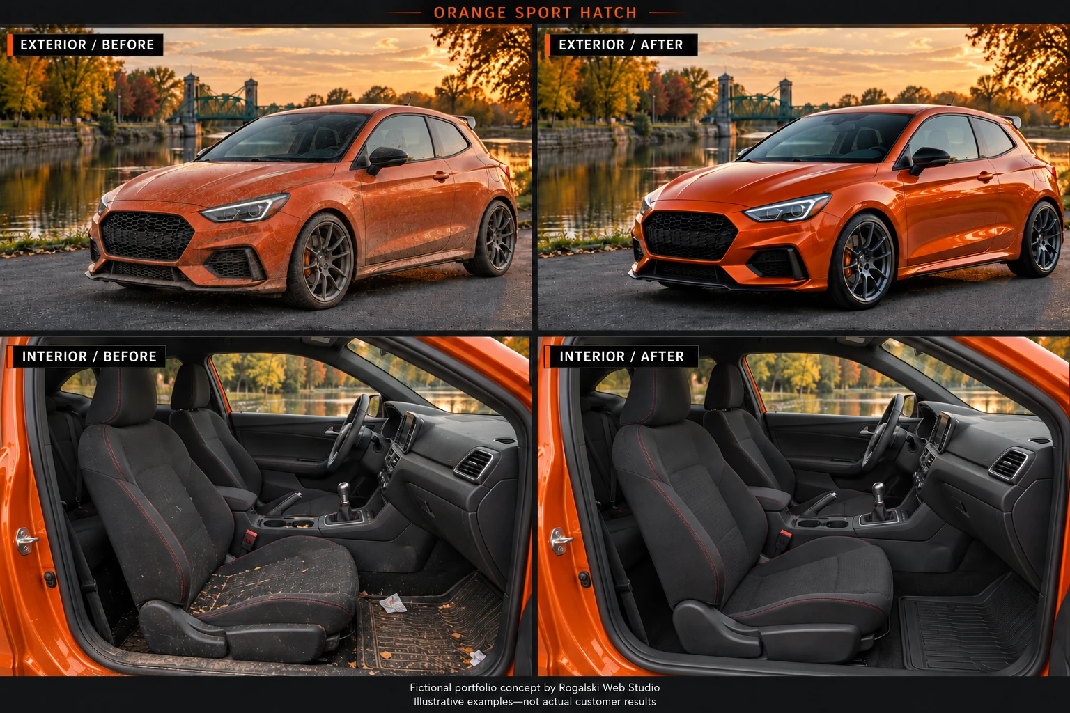 Illustrative orange sport hatch: exterior and black cloth cabin before and after cleaning