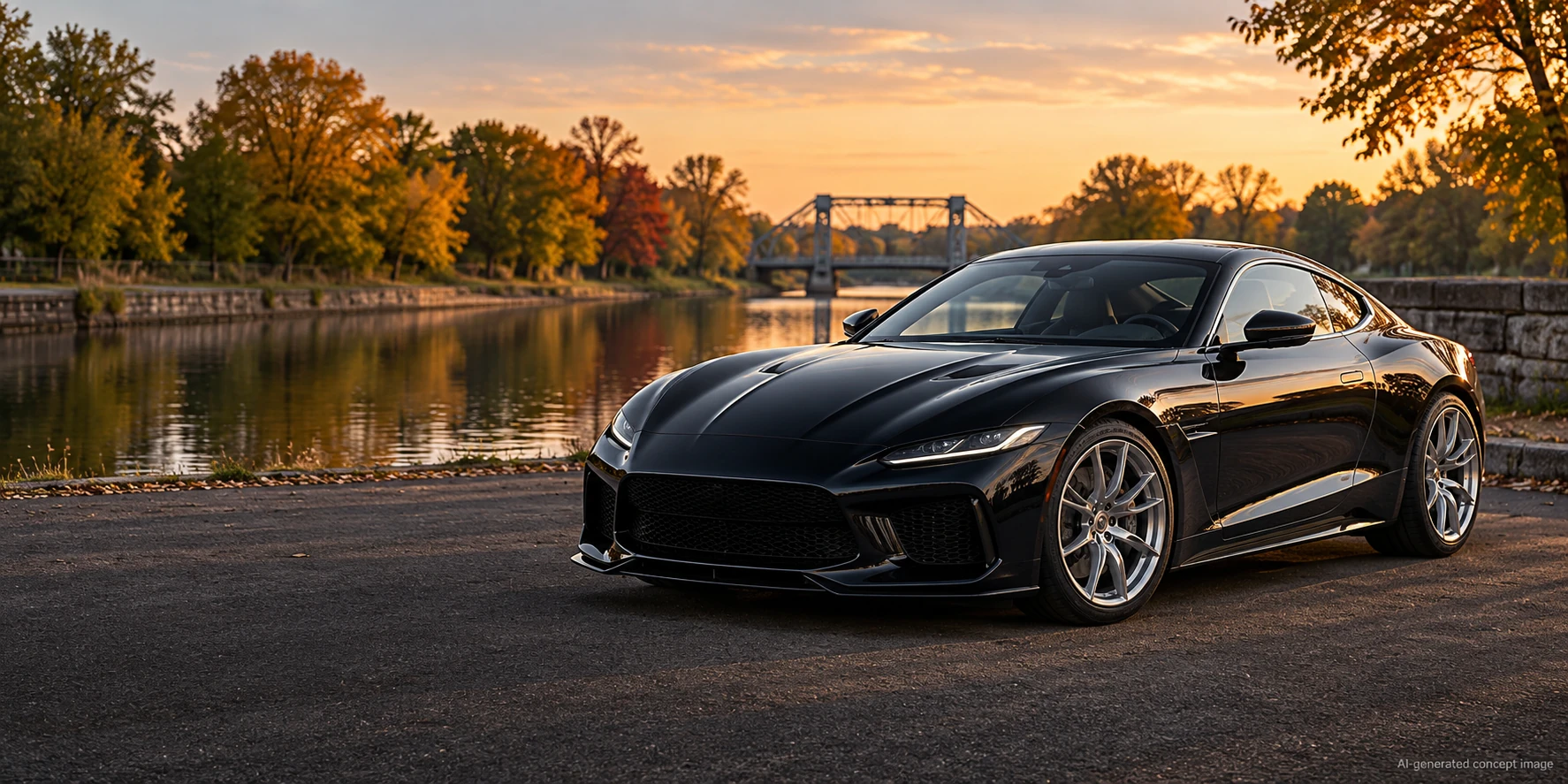 Glossy black sport coupe beside a canal at sunset
