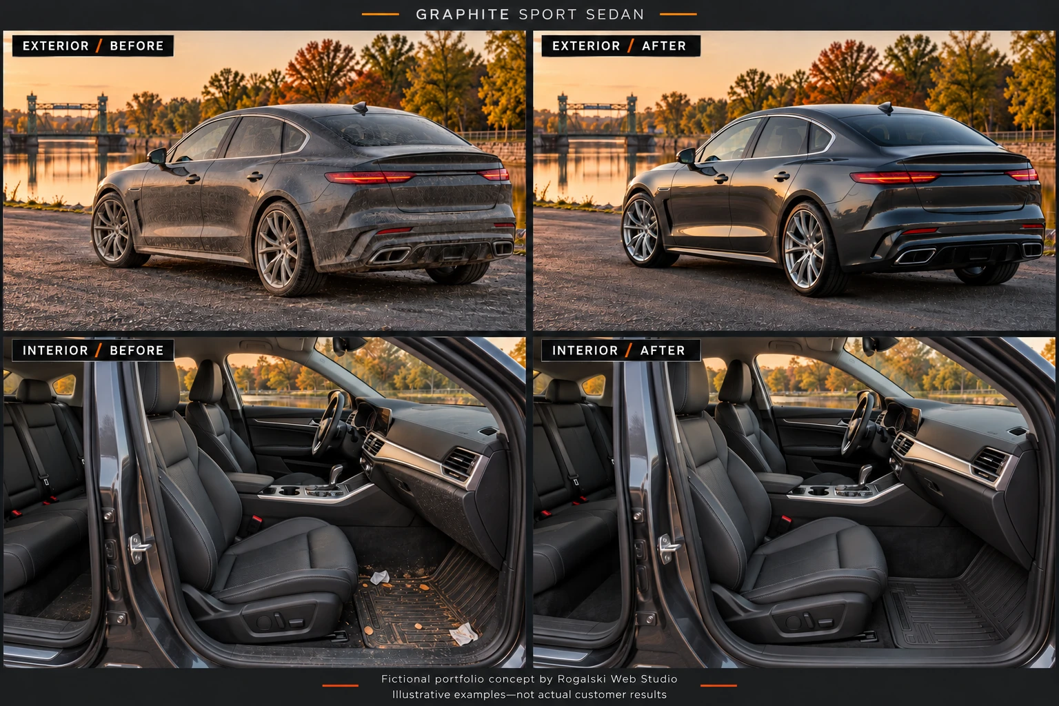 Illustrative graphite sport sedan: exterior and charcoal leather cabin before and after cleaning