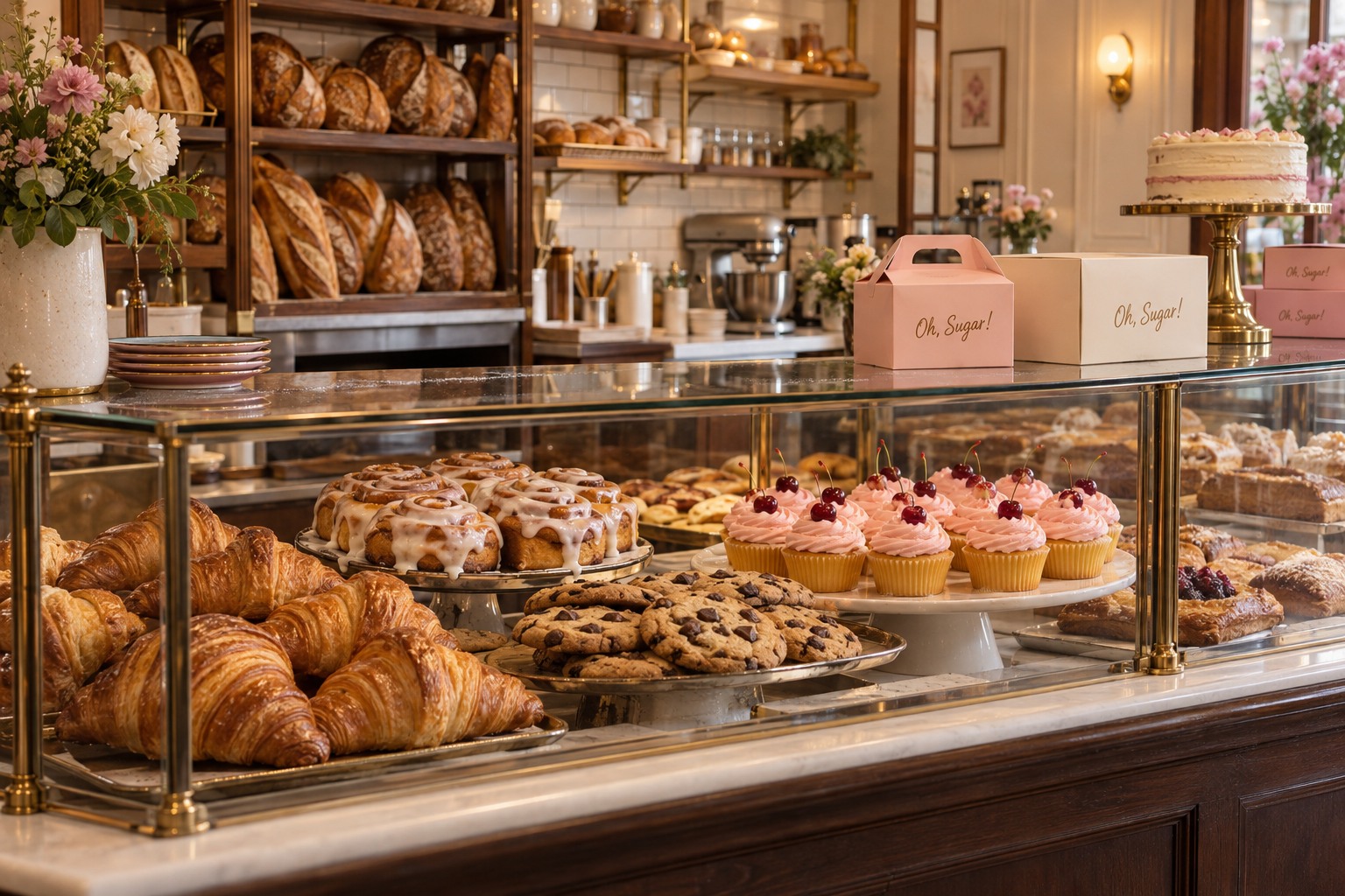 Concept bakery counter with croissants, cupcakes, and branded pastry boxes