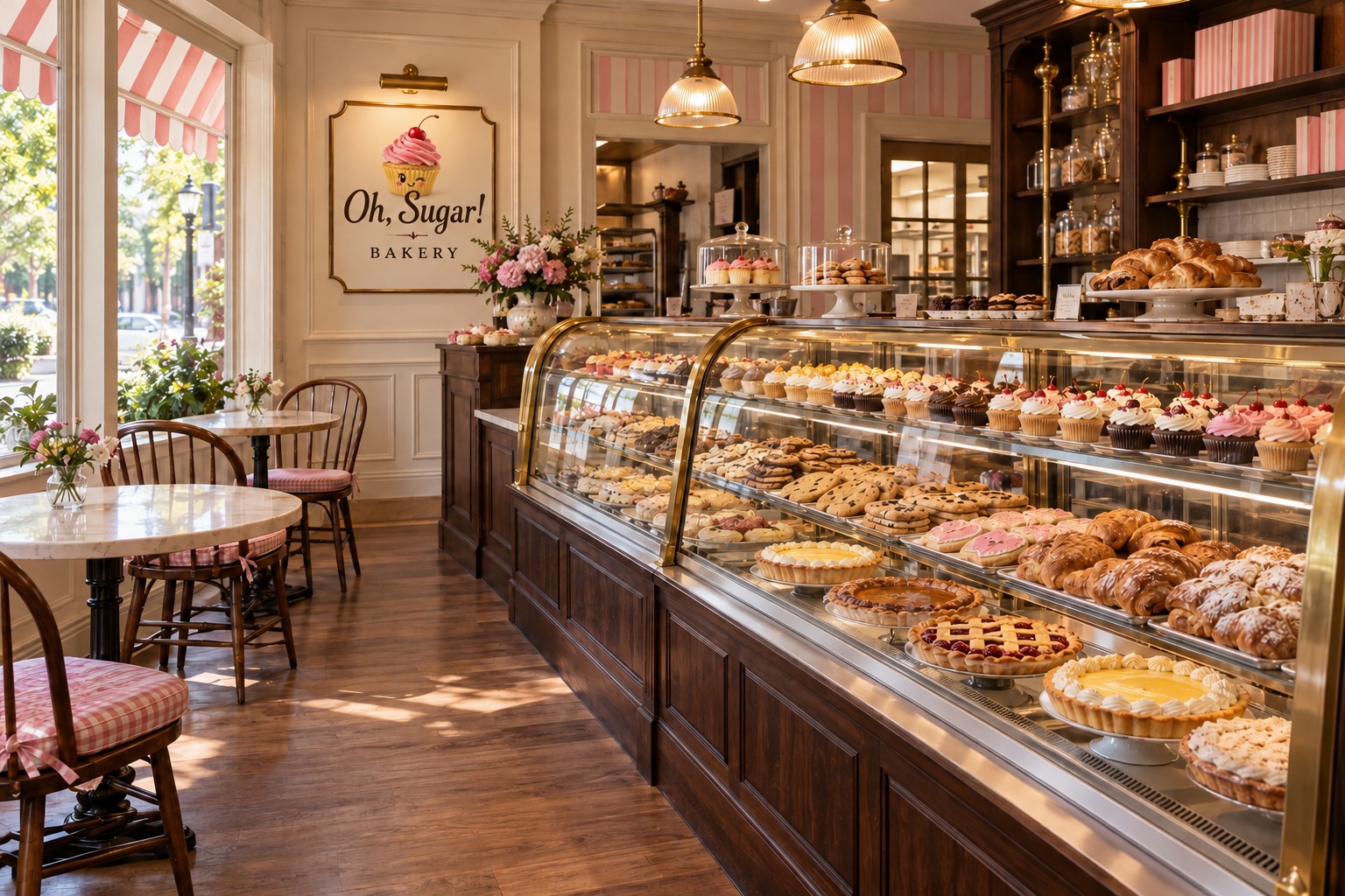 Concept bakery interior with vintage display cases, wooden floors and cafe tables
