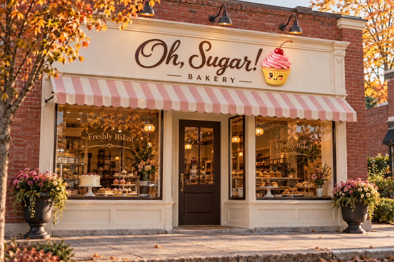 Concept storefront of Oh, Sugar! Bakery with pink striped awning and warm window displays