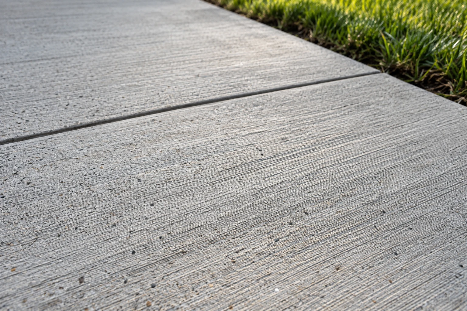Close-up concept image of fine broom lines and a straight concrete joint