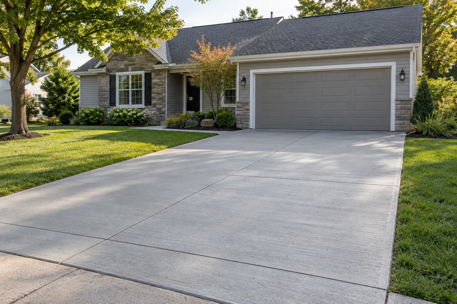 Illustrative finished concrete driveway with clean panel joints in front of a suburban home