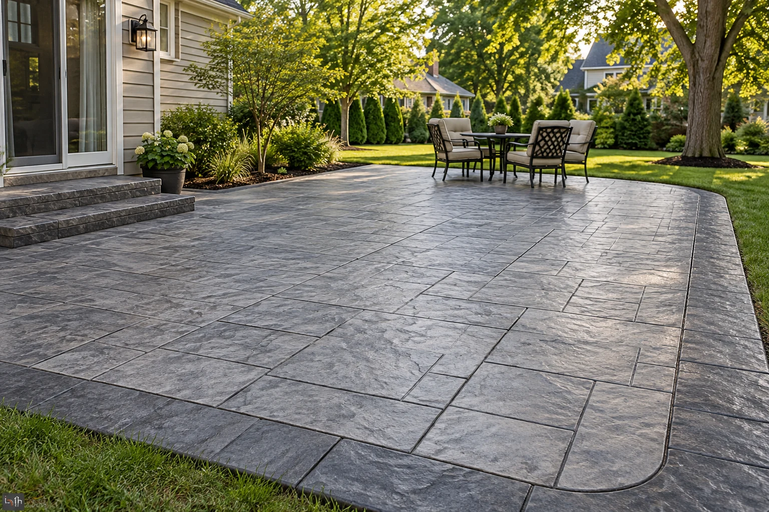 Concept gray stamped concrete patio with a contrasting border