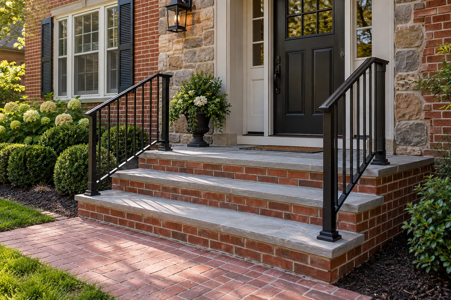 Concept entry steps with red brick risers, gray stone treads and black railings