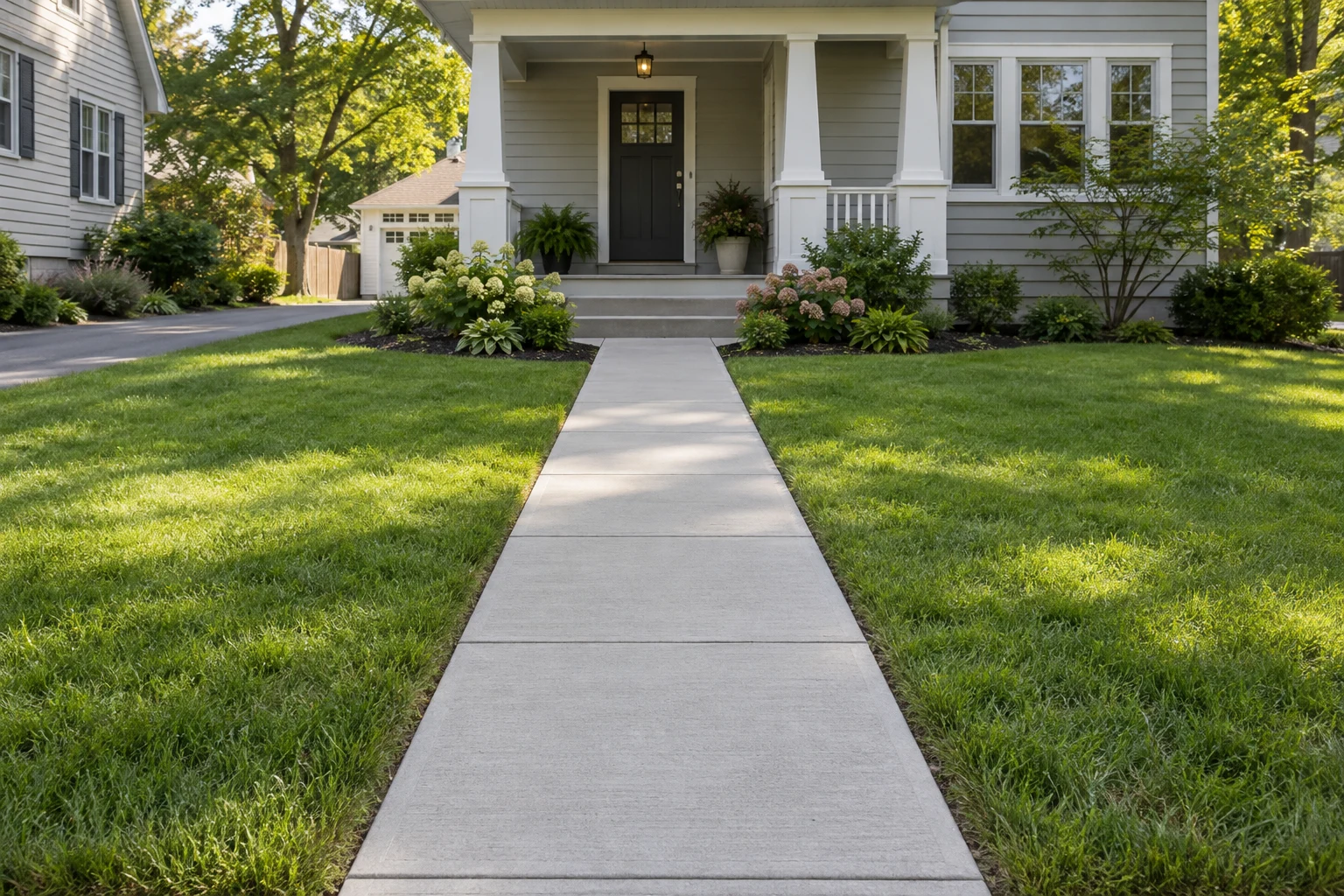 Concept straight concrete walkway leading through a lawn to a front porch