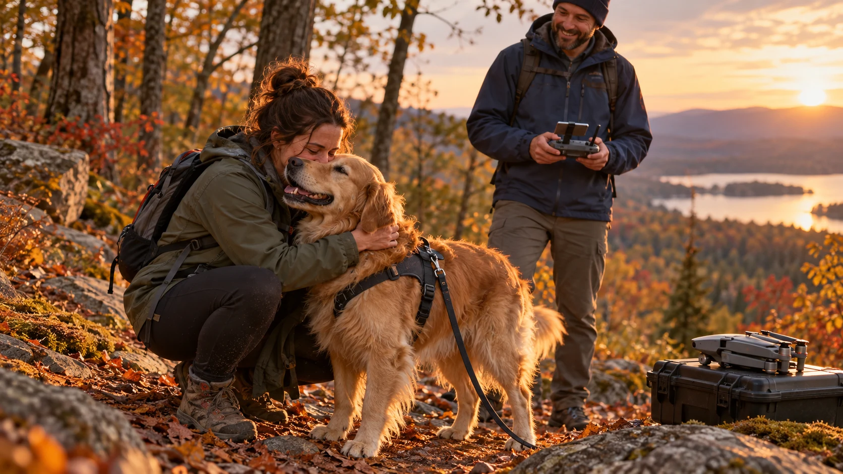 Illustrative pet reunion: a woman embraces her dog beside a search volunteer on an autumn trail